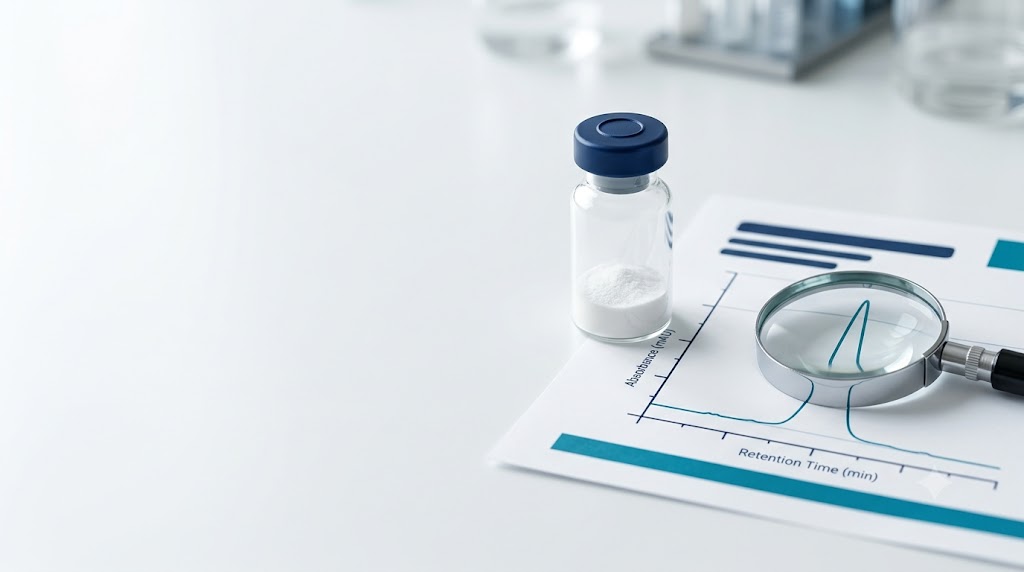 Peptide vial beside an HPLC chromatogram and a magnifying glass on a lab bench